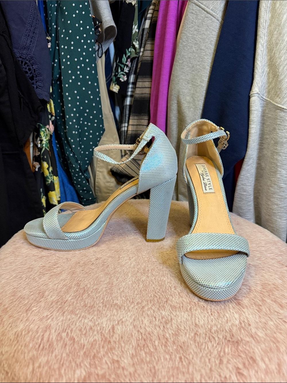 Diverse Style by Syndi Dion-Women's Light Blue Ankle-Strap Block Heel Sandals